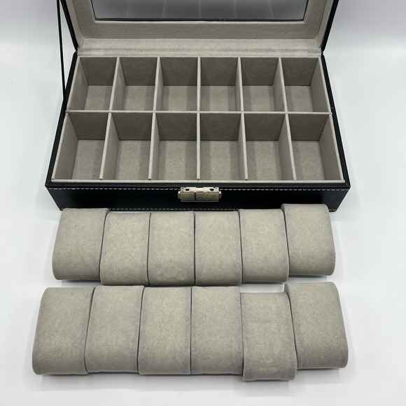 12 Watch Display Box Organizer Pu Leather With Glass Top Large Black Sodynee - Picture 2 of 8